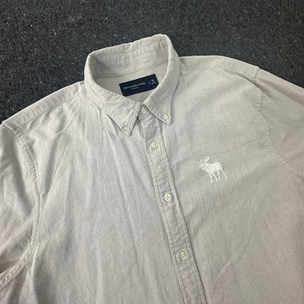 Abercrombie & Fitch Button Down Men XL Grey Stretch Oxford Moose Logo Shirt